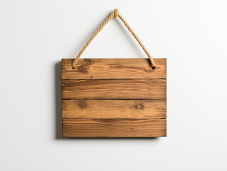 Wooden sign hanging on rope, isolated on white background, showcasing natural wood texture and rustic charm. Perfect for decoration or signage