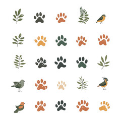 Obraz premium Colorful Animal Tracks and Leaves on a White Background