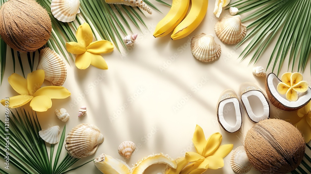 Fototapete holiday background with shells, exotic flowers and palm leaves. frame with space for text