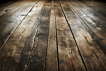 A close-up view of rustic wooden floorboards, showcasing their rich texture and natural grain patterns under soft lighting.