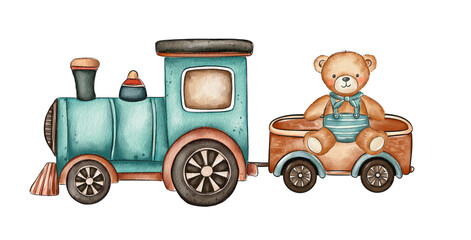 Watercolor Illustration of a Children Toy Train with Trailer Carrying a Teddy Bear for Playful and Decorative Designs