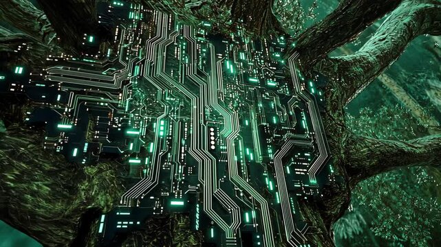 Intricate fusion of nature and technology in a forest setting with embedded circuitry and glowing elements