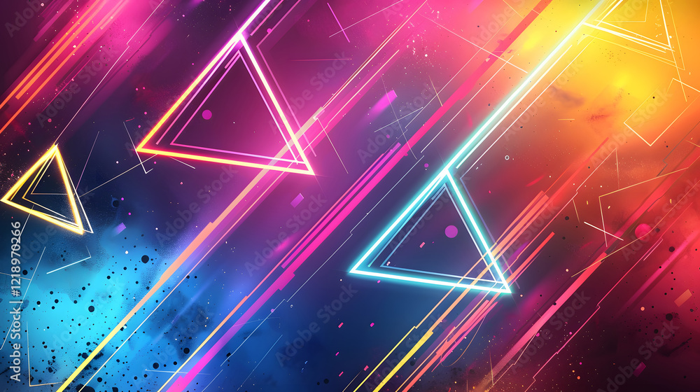 Poster dynamic abstract composition featuring neon triangles and linear streaks over a radiant gradient bac