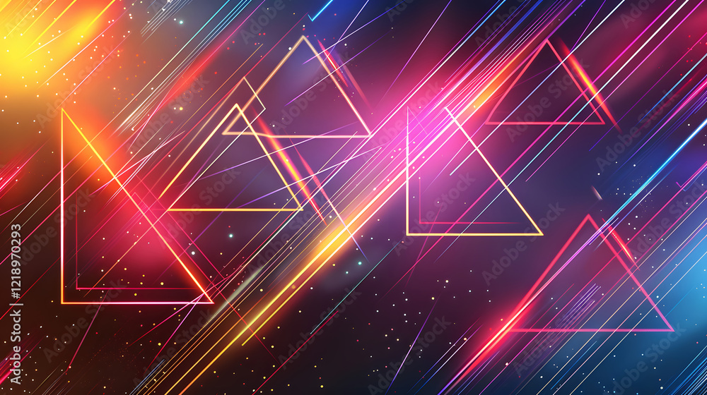 Poster dynamic abstract composition featuring neon triangles and linear streaks over a radiant gradient bac
