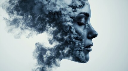 Artistic human face merging with abstract smog particles, symbolic representation of personal and environmental health.