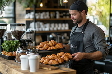 Baker arranging fresh croissants in a modern cafe during morning hours