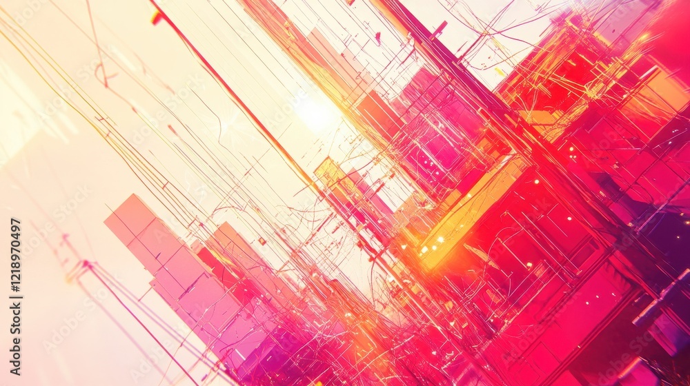 Poster abstract futuristic cityscape with vibrant colors and dynamic lines representing technology