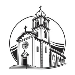 A stylized, black and white vector illustration of a charming church perched atop a grassy hill