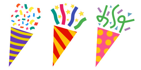 Set of party poppers and colorful confetti explosions. Party popper with vibrant confetti and shiny stars shooting out for celebration in hand-drawn style.