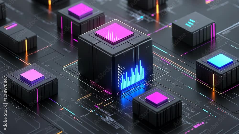 Poster futuristic data visualization with glowing cubes on a dark circuit board