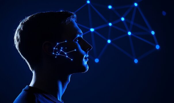 Illuminated Male Profile with Neon Network Nodes on Dark Blue Background, AI and Cyber Technology Concept, Portrait in Side View Highlighting Artificial Intelligence and Human Connection