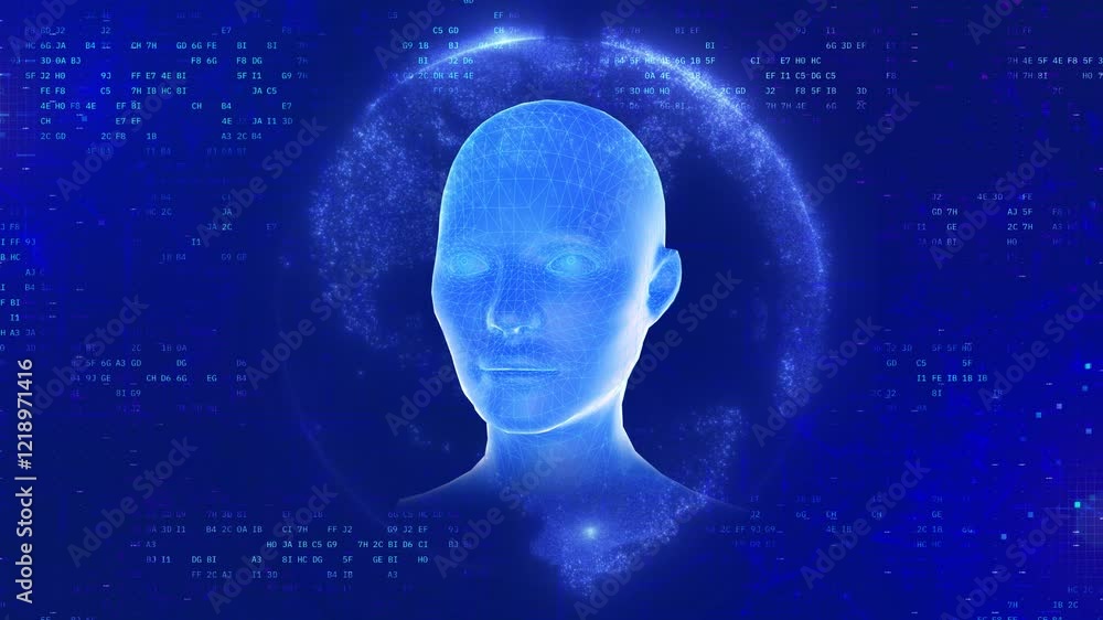 Poster 3d futuristic ai human head with neural brain network and rotating earth – blue tech sci-fi backgrou