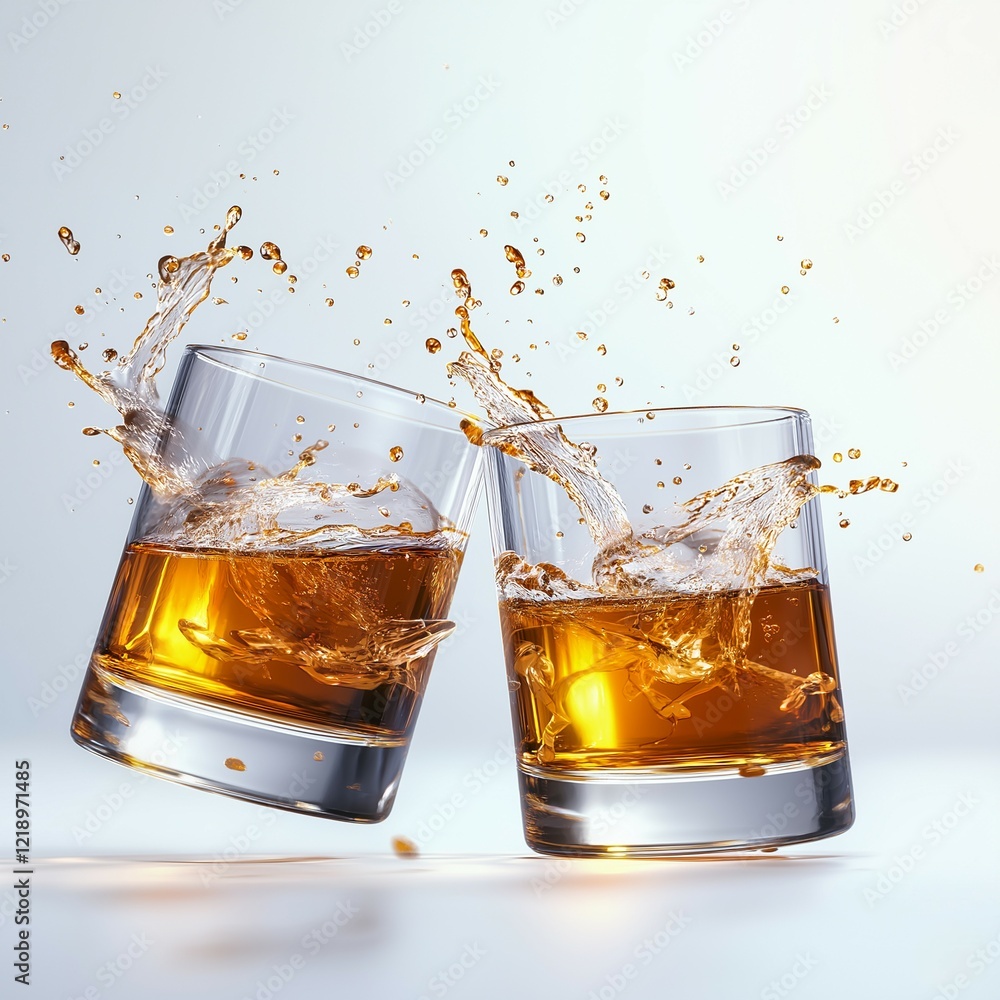 Poster a two glasses of whiskey clinking together, creating splashes of liquid, isolated on light backgroun