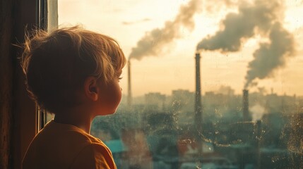 Young child looking out a window, the outside world obscured by thick air pollution, emotional and environmental awareness concept.