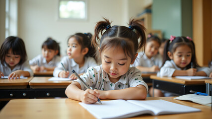 A group of adorable children writing in notebooks, showcasing creativity and focus in classroom.