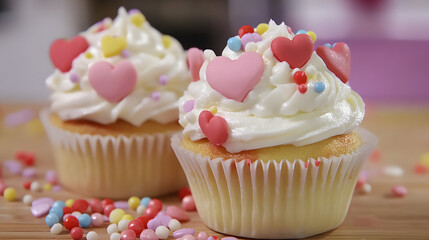 Valentine-themed cupcakes with heart-shaped decorations, topped with pink whipped cream and surrounded by colorful sprinkles.