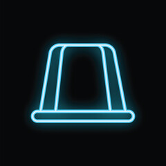 Bright blue neon coffee capsule glowing on black background, representing morning energy and the aroma of freshly brewed coffee
