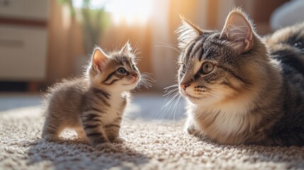 Mother cat and adorable kitten facing each other in a loving gaze indoors