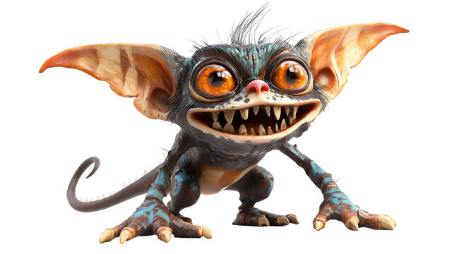 Bizarre Mythical Creature with Large Ears and Menacing Teeth in Digital isolated on transparent or white background, png