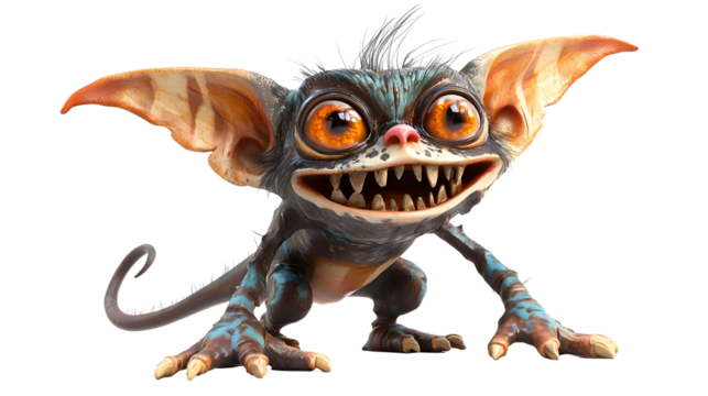 Bizarre Mythical Creature with Large Ears and Menacing Teeth in Digital isolated on transparent or white background, png