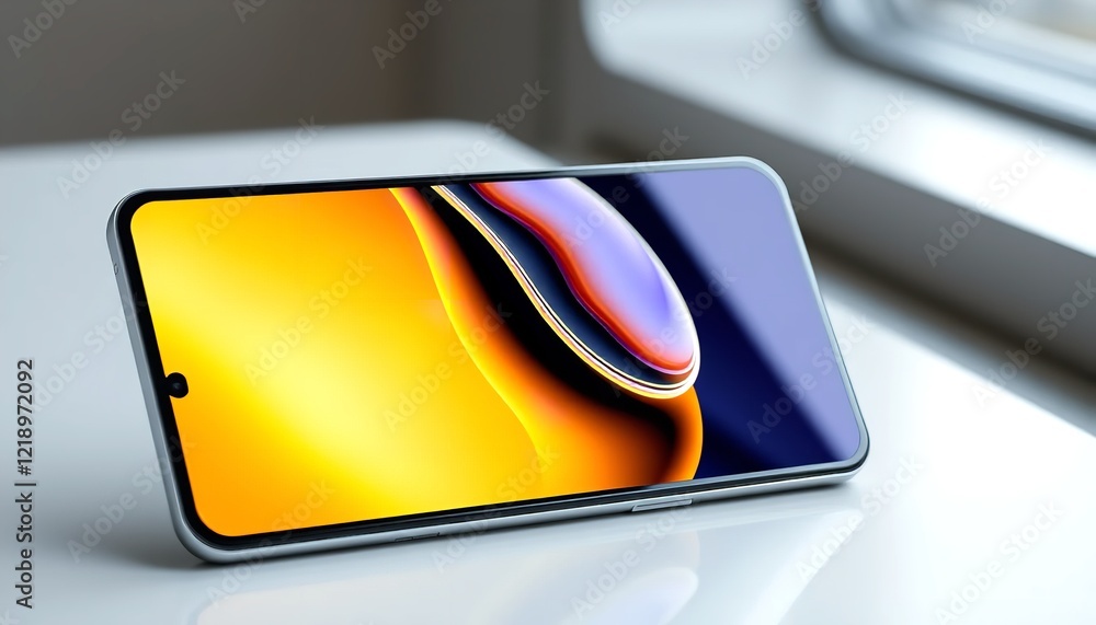Poster modern smartphone display with abstract orange yellow and purple fluid design background image for t