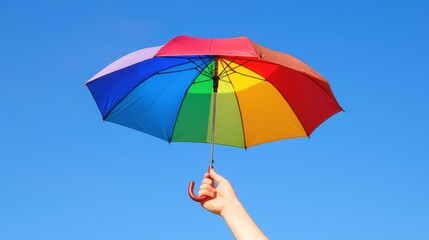 A hand holding a vibrant rainbow umbrella against a bright blue sky, on a white isolated background