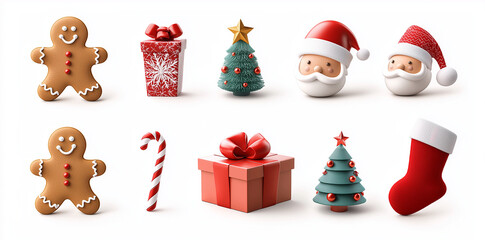 Fototapeta premium Gingerbread man, Christmas tree, Santa Claus, gift box, candy cane, holiday decorations create festive atmosphere. Perfect for celebrating joy of season
