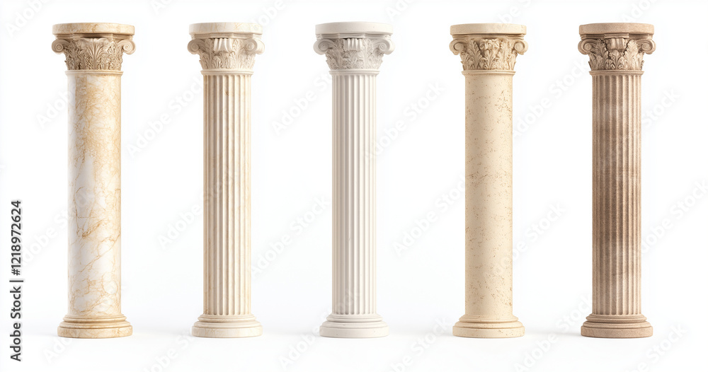 Poster elegant columns in various s, showcasing greek and roman architecture. each column features unique t