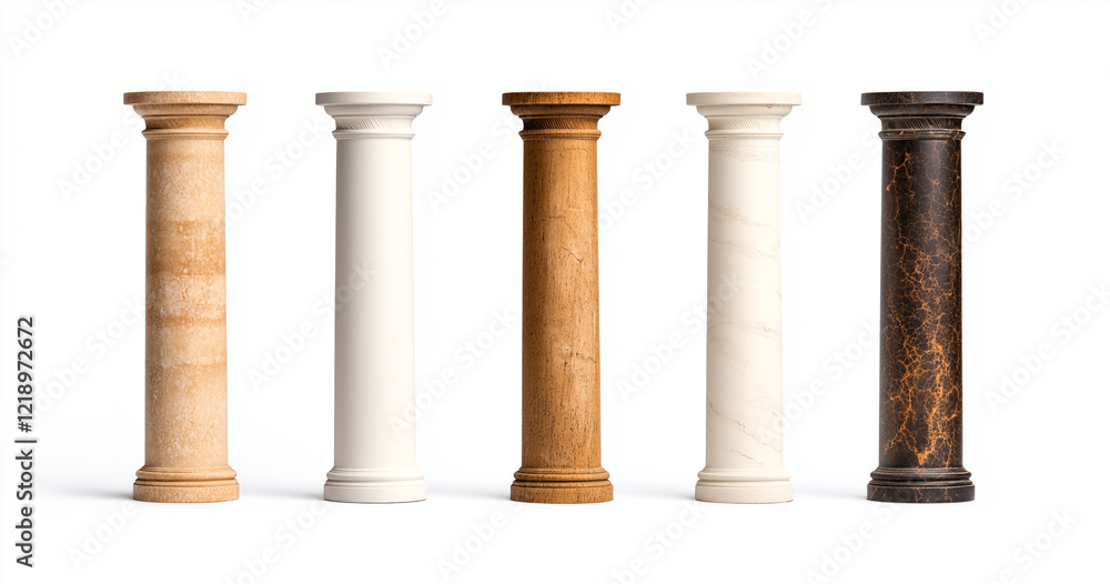 Poster elegant columns in various s and materials on white background, showcasing range of textures and col