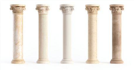 Elegant columns in various s, showcasing Greek and Roman architecture. Each column features unique textures and colors, highlighting beauty of classical design
