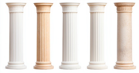 Elegant columns in various s and colors on white background, showcasing classical design elements. Perfect for architectural themes and decorative purposes