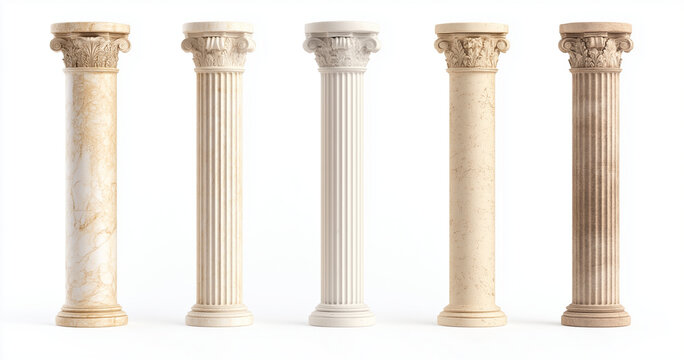 Elegant columns in various s, showcasing Greek and Roman architecture. Each column features unique textures and colors, highlighting beauty of classical design