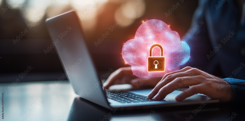 Poster businessman using laptop computer with digital padlock symbolizing cloud security. image conveys sen