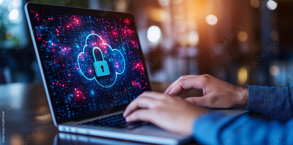 Aufkleber businessman using laptop computer with digital padlock symbolizing cybersecurity and data protection