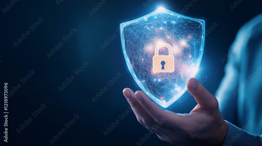 Poster man holds virtual shield with padlock icon, symbolizing digital security and protection. this convey
