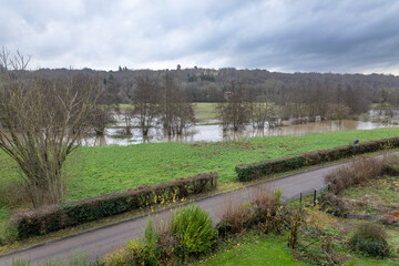 Normandy, France, Europe : Exterior photo view water floods due to climate change in fields...