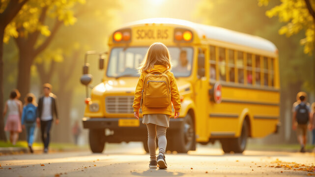 A young child in a yellow backpack approaches a bright yellow school bus in autumn.