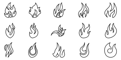 different set of fire flame line icons, thin editable.