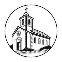 A stylized, black and white vector illustration of a charming church perched atop a grassy hill