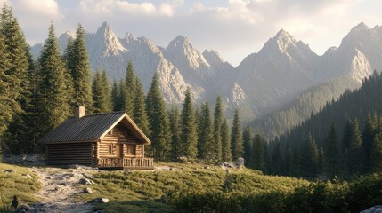 Serene Mountain Cabin Escape: A Log Cabin Nestled in a Picturesque Alpine Forest, Majestic Mountains in the Background