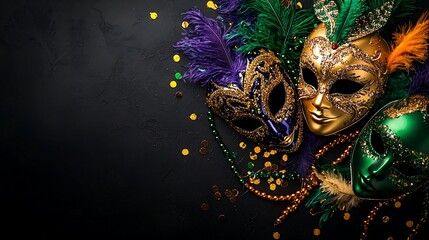 Mardi Gras masks, feathers, beads on dark background; festive celebration