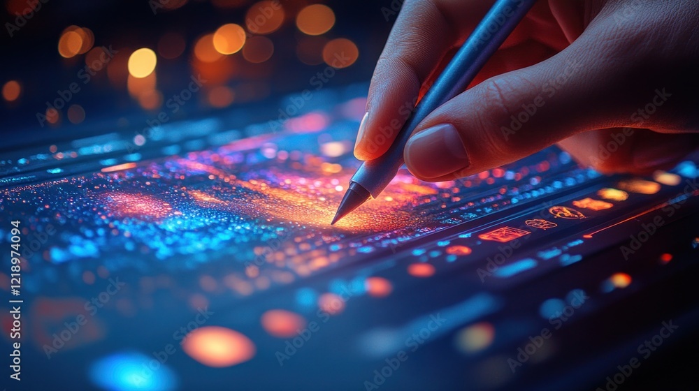 Aufkleber digital art creation: a close-up of a hand using a stylus on a luminous tablet, creating a vibrant, 