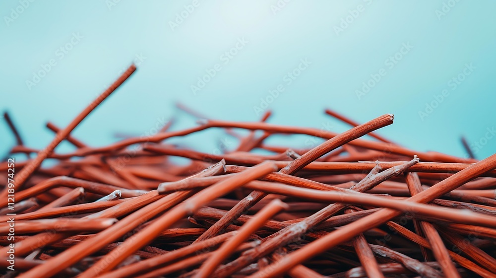 Poster a close-up view of a pile of thin, red-brown branches against a soft blue background, creating a nat