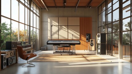 A modern recording studio with tall ceilings, warm natural light, and sleek audio gear creating an inspiring workspace.