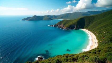 Obraz premium Aerial view of a secluded cove with turquoise waters and lush green hills 