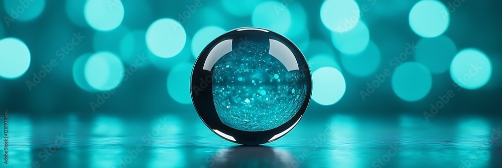 Poster a close-up of a glass sphere reflecting turquoise bokeh lights, creating a mesmerizing effect on the