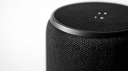 A close-up of a black wireless speaker with elegant design, on a white isolated background