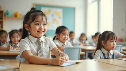Fototapeta premium A joyful classroom scene featuring smiling children in uniforms, engaging actively in learning.