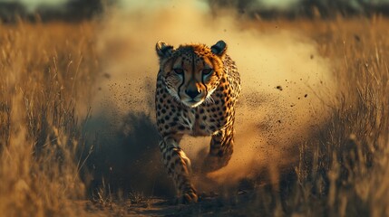 A critically endangered cheetah sprinting across open savanna with dust trailing behind