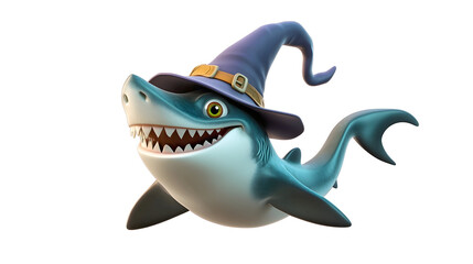 Fototapeta premium Cartoon Sorcerer Shark Creature Emerging from the Deep Sea in Underwater Fantasy Adventure isolated on transparent or white background, png